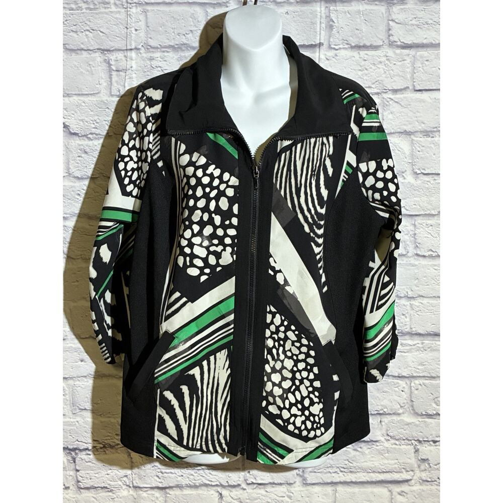 Zenergy Chico’s Mixed Animal Print Full Zip Jacket Size 2 Green Black